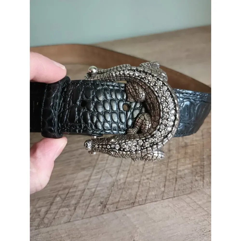 Brighton Womens Alligator Buckle Embossed Leather Belt 36 Luxury Exotic Western